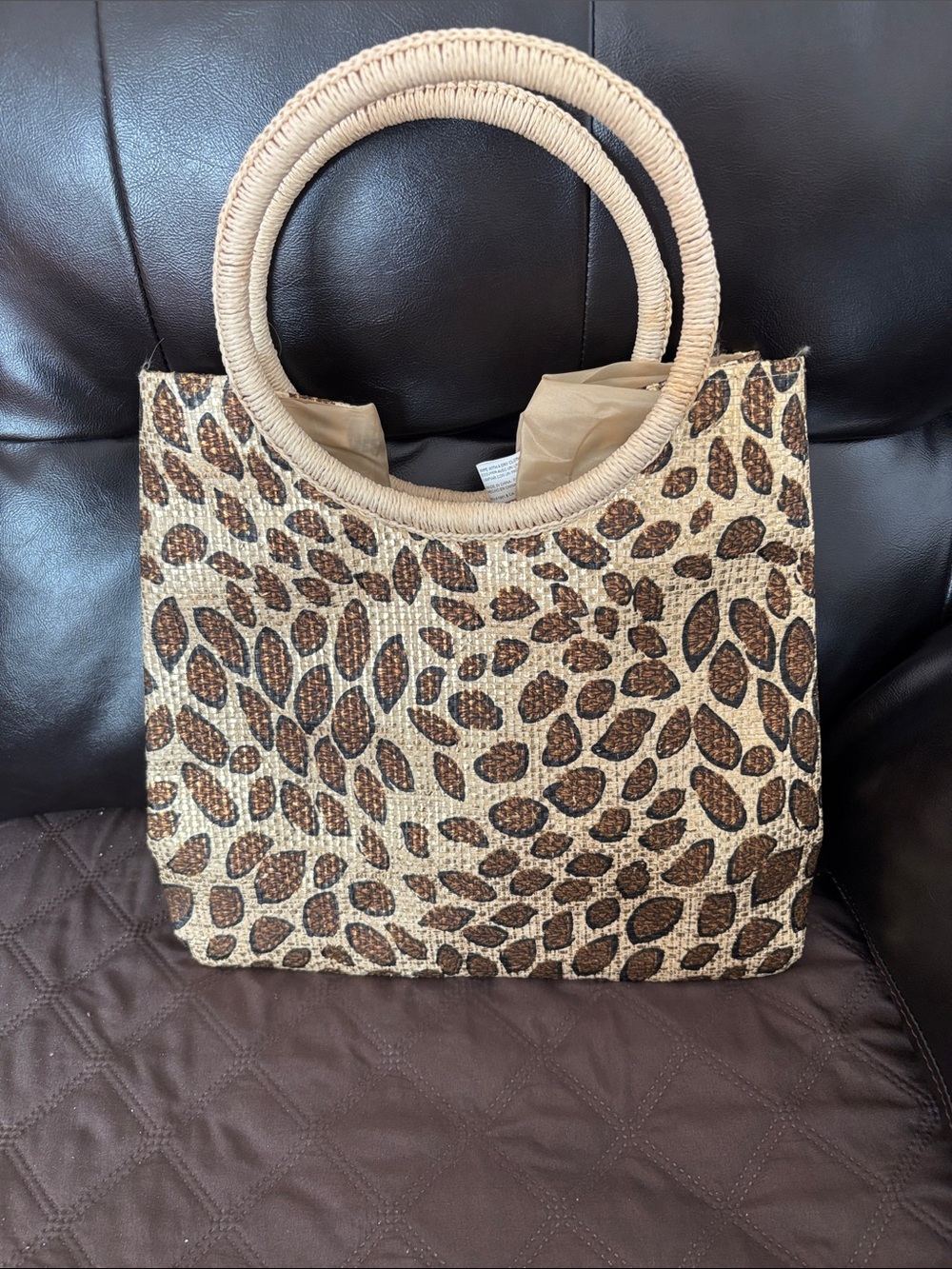 Leopard Print Straw Tote Bag with Round Handles